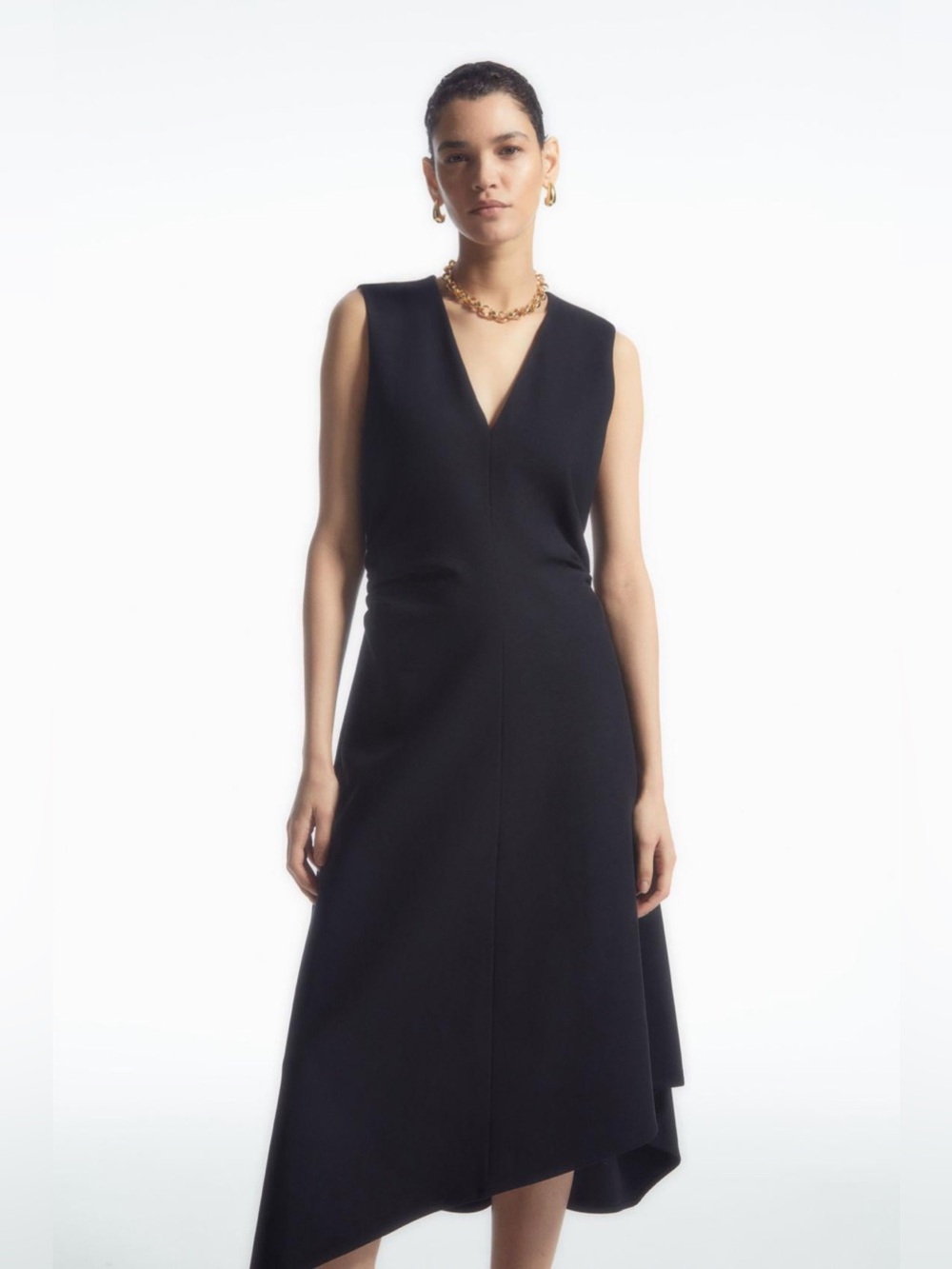 COS Gathered Asymmetric Midi Sleeveless V-Neck Black Dress size M
